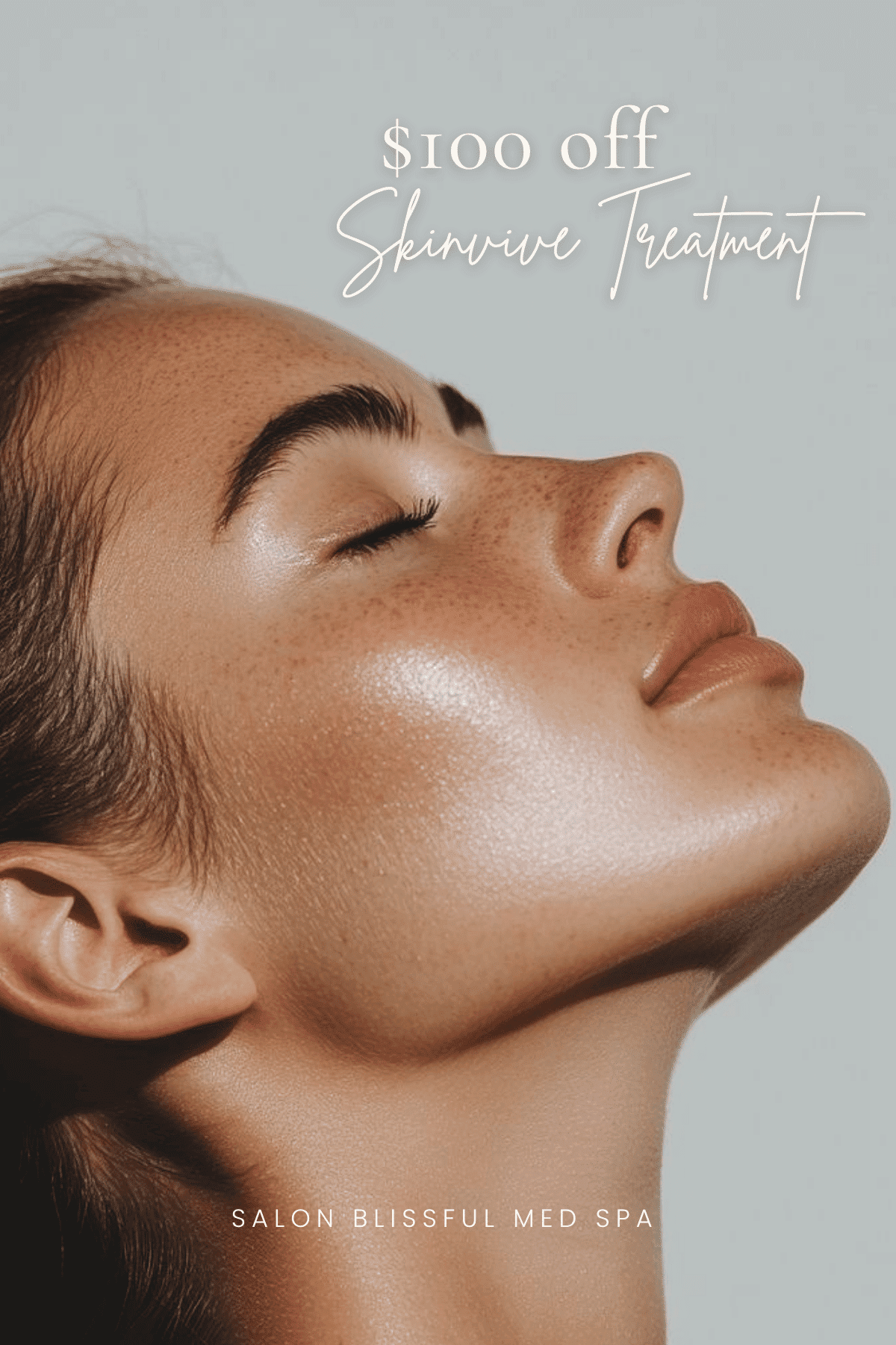 $100 off skincare treatment at Salon Blissful Med Spa. Woman with radiant, glowing skin.