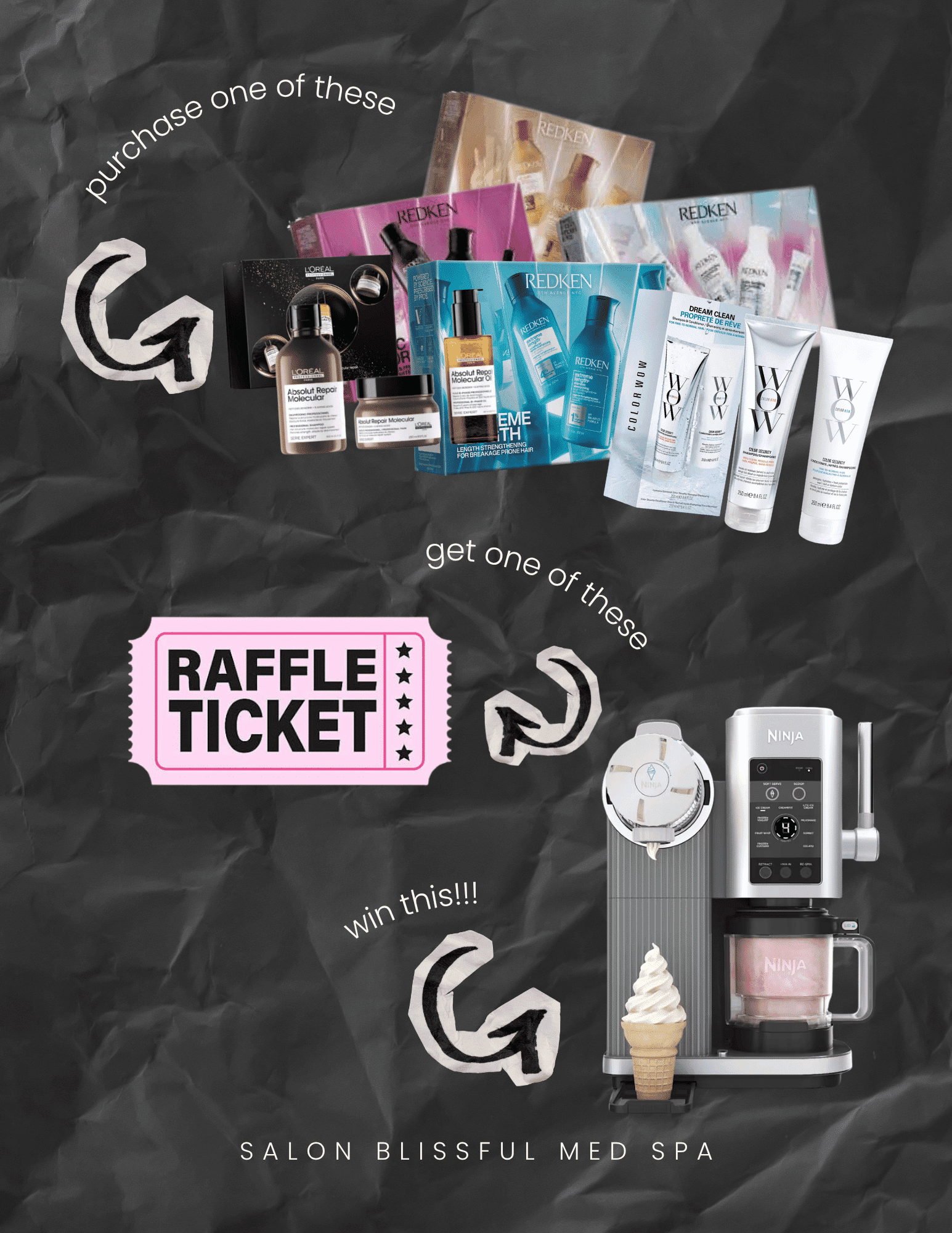 Raffle poster for Salon Blissful Med Spa with hair products and a coffee machine prize.