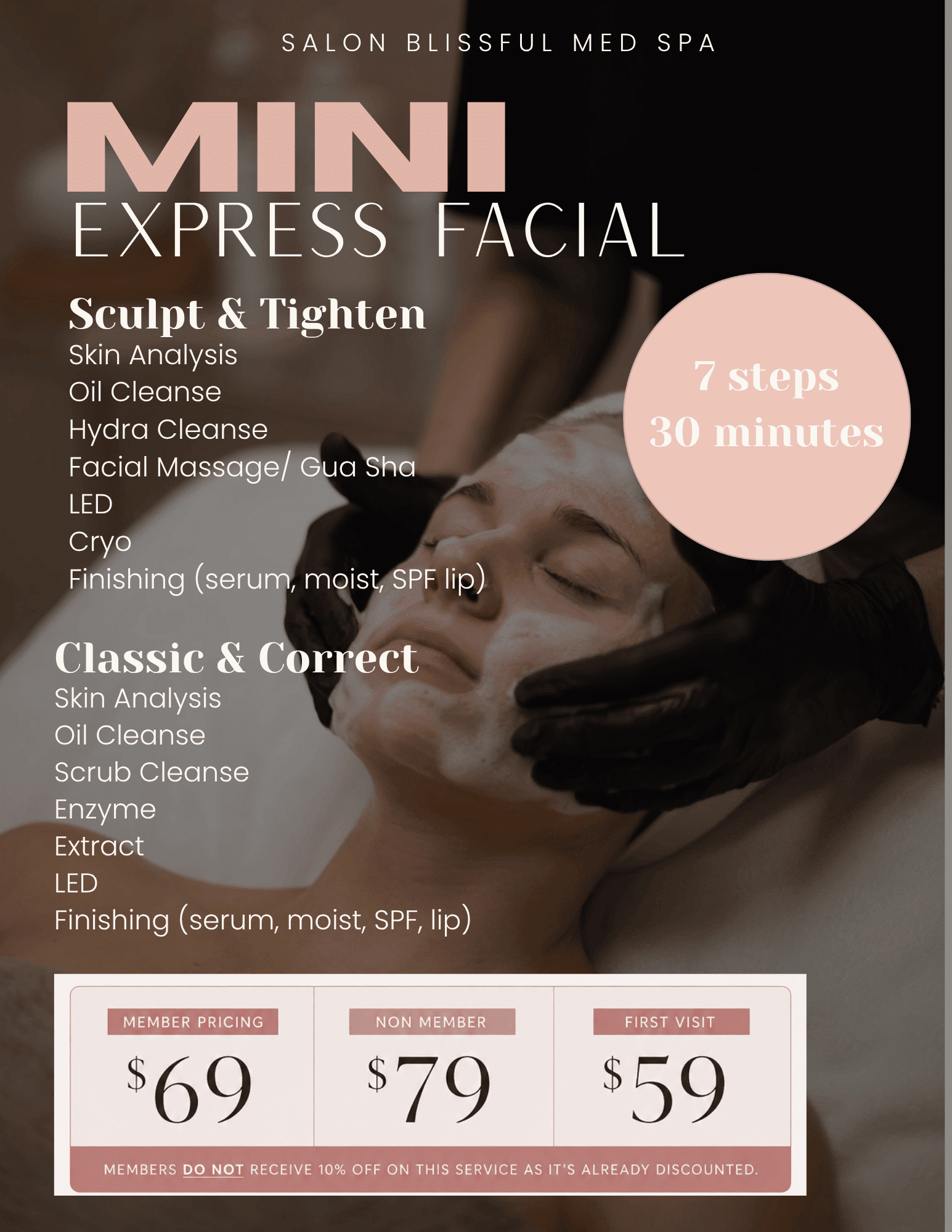 Mini facial service poster detailing "Sculpt & Tighten" and "Classic & Correct" treatments.