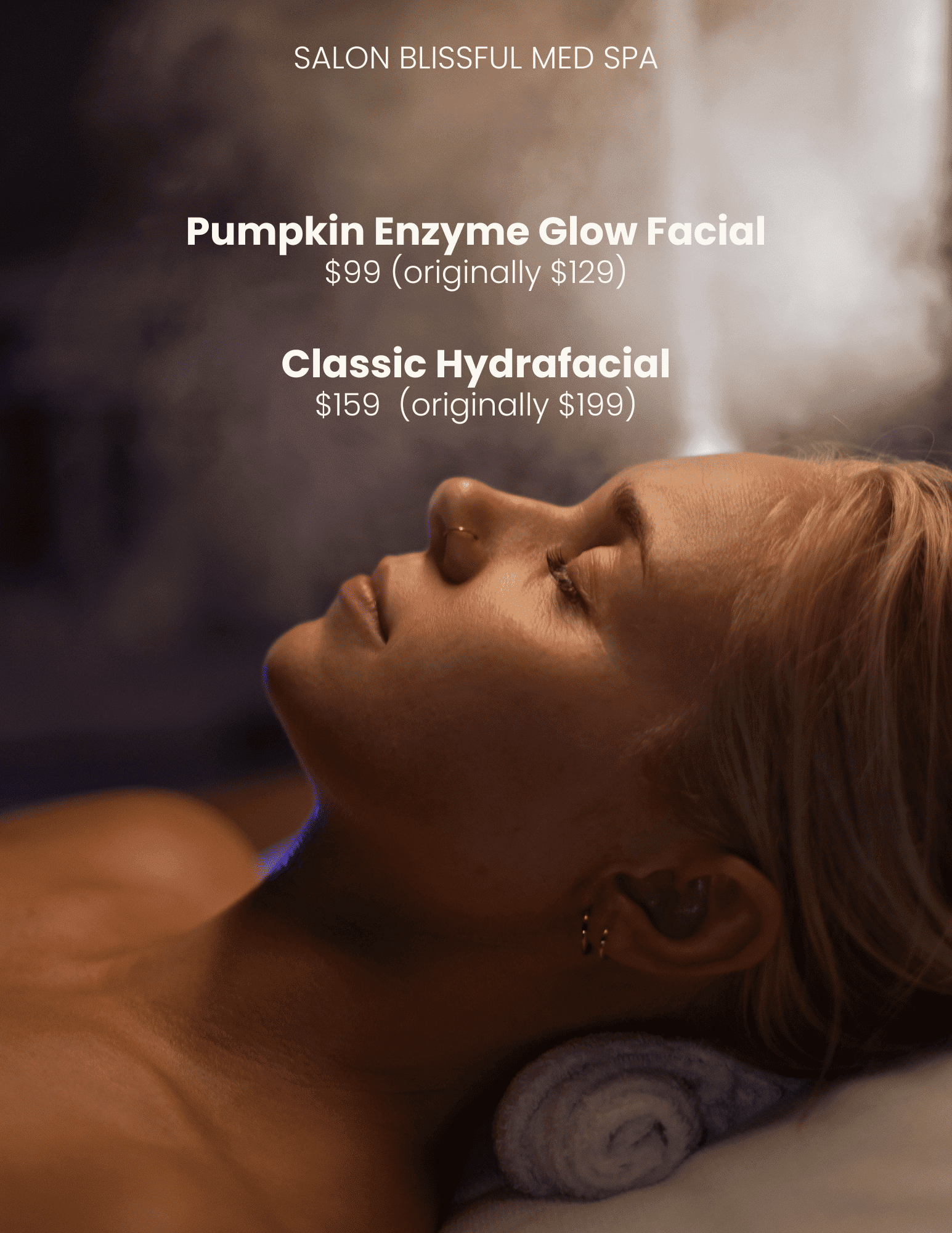 A woman receives a facial treatment, promoting spa services and prices at Salon Blissful Med Spa.