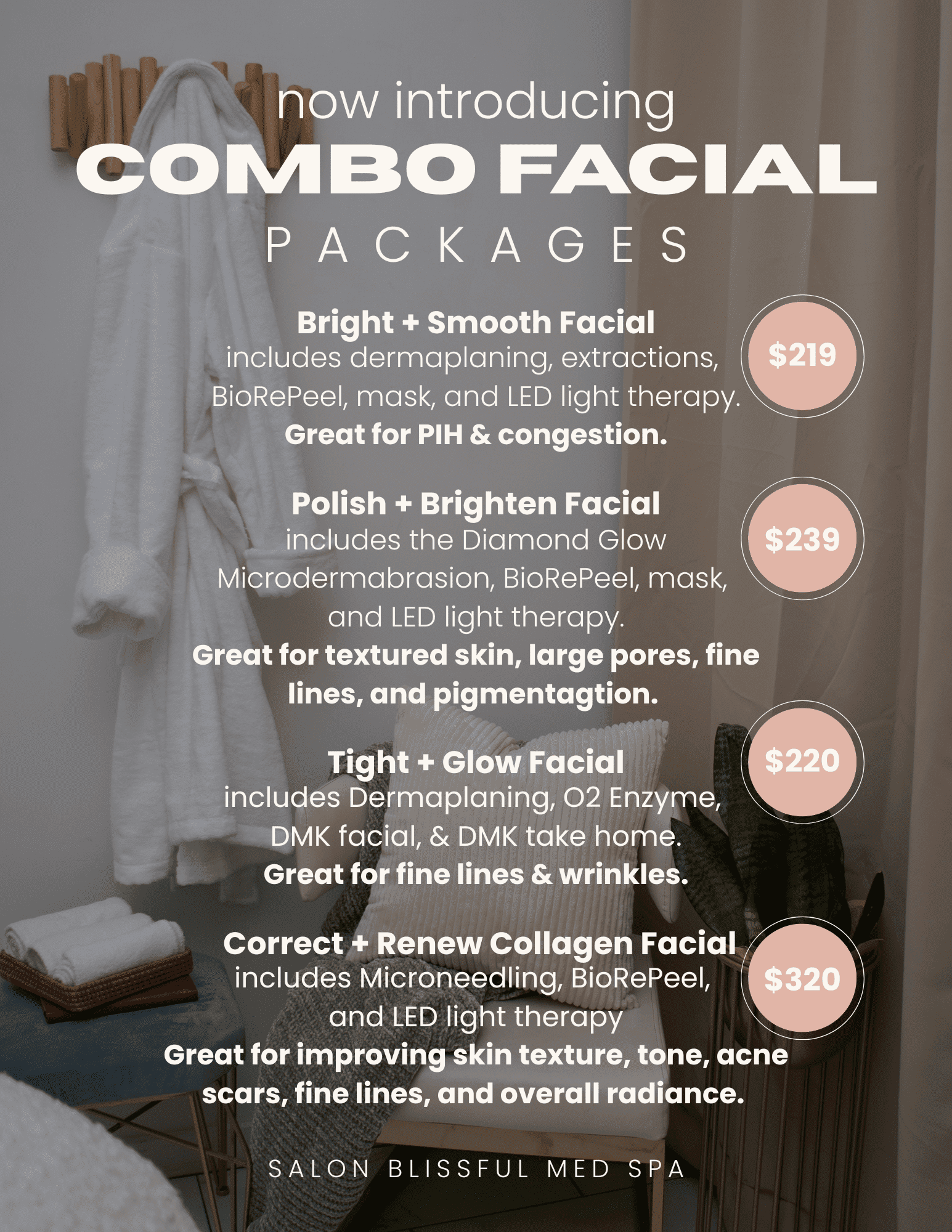Combo facial packages with prices and benefits at Salon Blissful Med Spa.